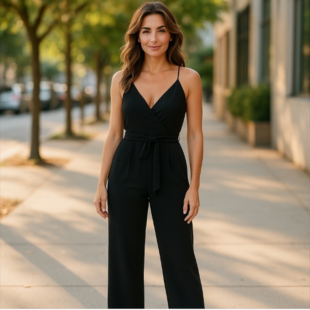 Charles Henry Minimalist  Belted Sexy Cami Jumpsuit Flowy Wide Leg S